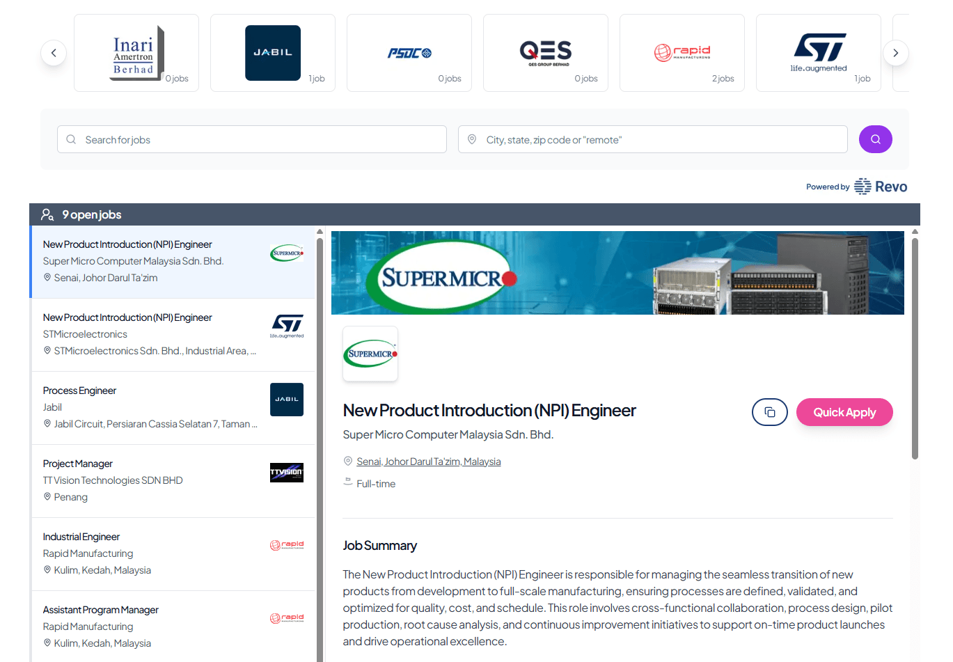 Jobs feature screenshot showing available job listings