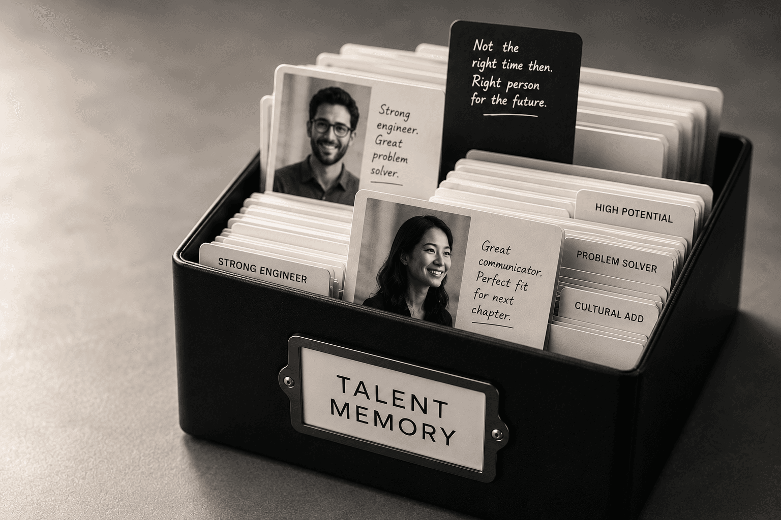 A card index box labelled Talent Memory holding candidate cards with handwritten notes